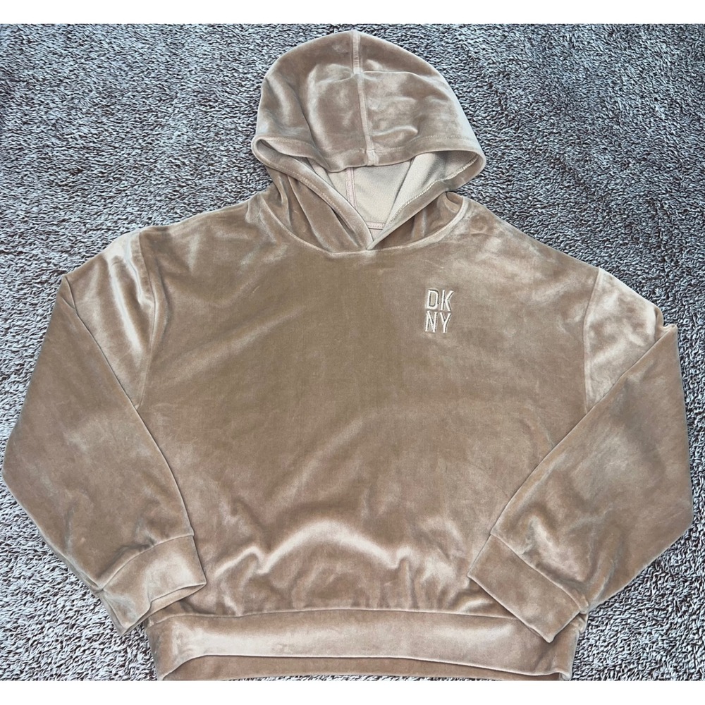 DKNY Girls XL Velour Hoodie Taupe Beige Embroidered Logo Pullover
